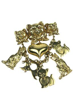 Kirks Folly Gold Tone 5 Cats Pin Chain Dangling Heart Signed Feline Kitty Love